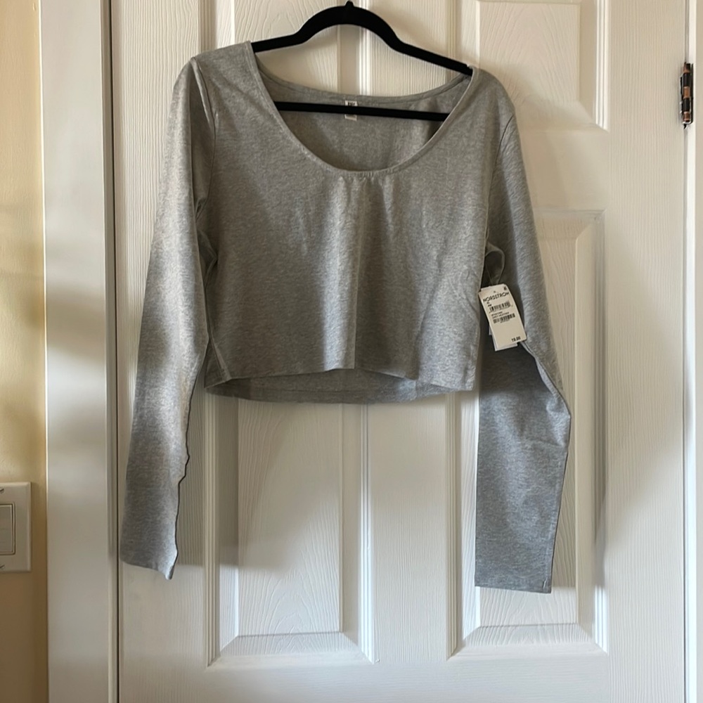 Bp heather grey scoop neck crop top long sleeve organic